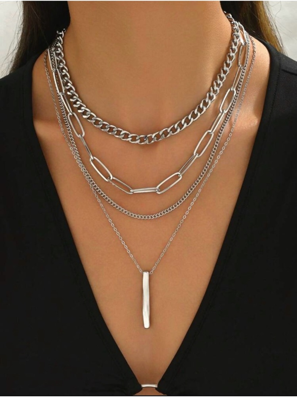 Sterling-Effect Layered Silver Chain Necklace Set